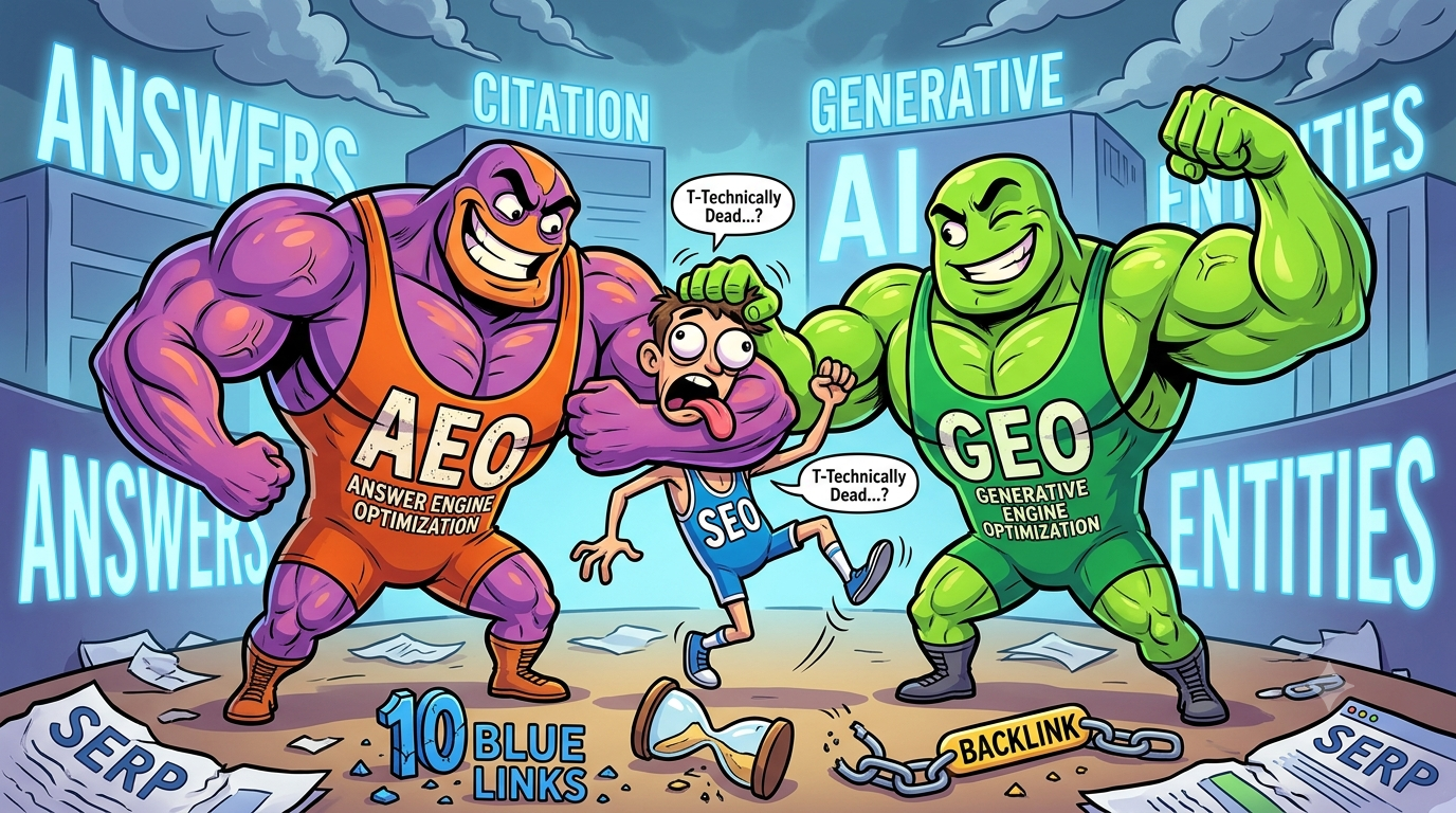 Cartoon illustration of AEO and GEO replacing traditional SEO